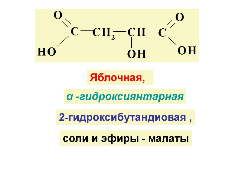 Яблочная,   2-гидроксибутандиовая , α -гидроксиянтарная соли и эфиры - малаты